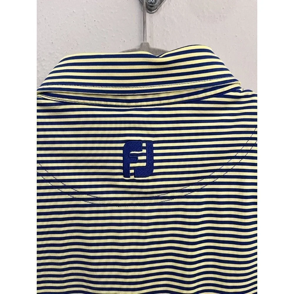 Foot Joy Golf Shirt Men XL Yellow And Blue Striped Short Sleeve 3 Button Collar